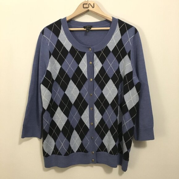 100% Merino Wool Blue Classic Argyle Button Down Cardigan - Picture 1 of 16